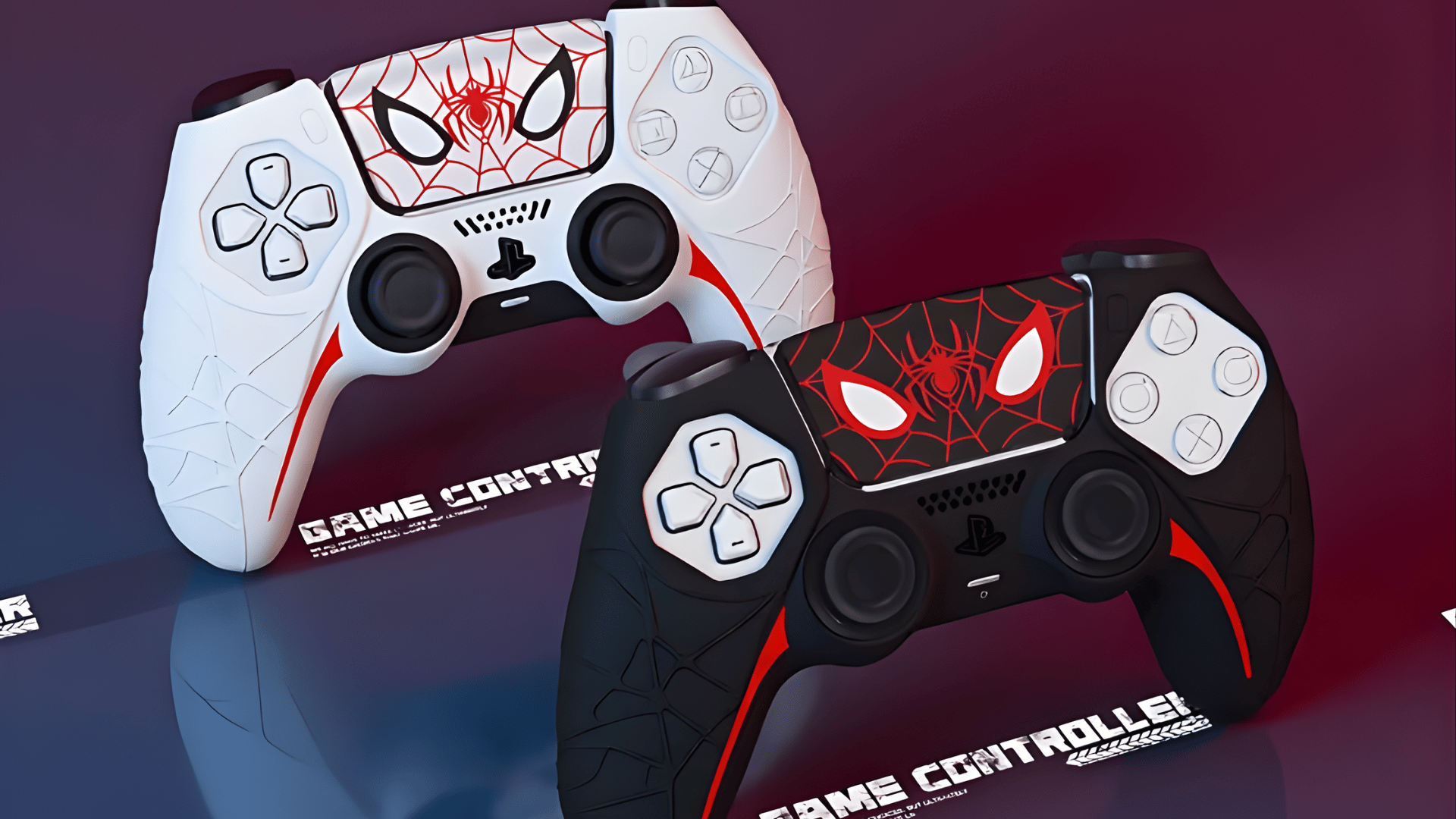 Two gaming controllers, one white and one black with red accents, on a reflective surface.